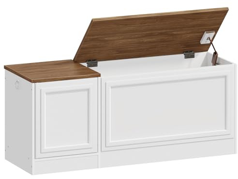 HOOBRO Storage Bench, 47.2 Wooden Toy Box, Toy Chest with Safety Hinge, Farmhouse-Style Storage Chest, Entryway Bench, for Living Room, Bedroom, Hallway, White and Walnut WH54CW01