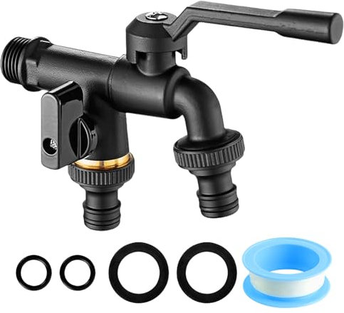 Robinet de jardin 1/2, double robinet en laiton, anti-gel, avec 2 sorties de 3/4, 1 bande d'étanchéité à rouleau, double robinet, pour jardin, citerne d'eau de pluie, extérieur