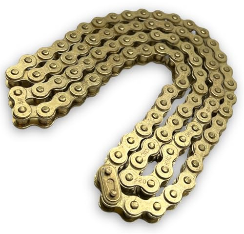 Red Circles 102 Link 420 Pitch KMC Gold Pit Bike Chain – 420 Chain, 102 Link Pins, Split/King Link Included – Width 6.35mm, Roller Diameter 7.77mm for Enhanced Durability and Performance