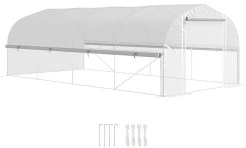 Outsunny Gewächshaus 6 x 3 x 2 m Foliengewächshaus mit 8 Fenster & Tür, Aufrollbar Seitenwänden, UV-beständiger Folientunnel Tomatenhaus mit verzinkten Stahlrahmen, Weiß