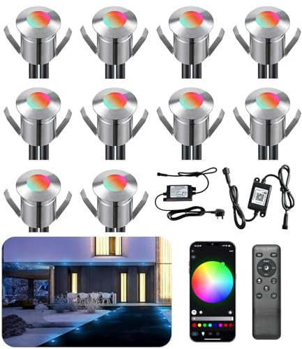INDARUN RGB WiFi Led Decking Lights Waterproof IP67 Ø22MM 12V - Bluetooth Led Plinth Lights for Terrace/Patio/Path/Wall/Garden/Decoration, 10 Packs
