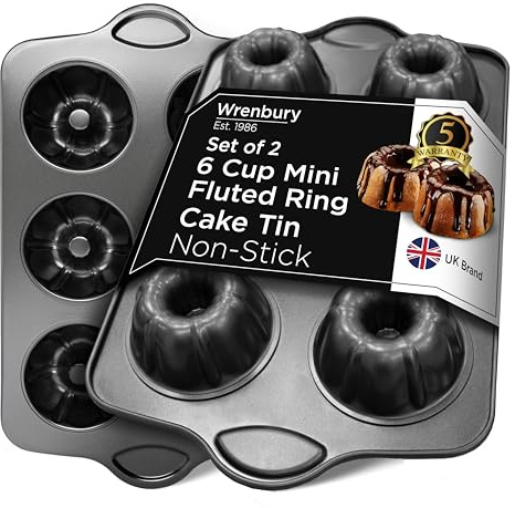 Wrenbury Set of 2 Nonstick Mini Buntz Cake Pan Non Stick for Baking - 6 Cup Bundlette Fluted Cake Tin for Small Cakes - PFOA Free and Dishwasher Safe - 3.75” Cup Width