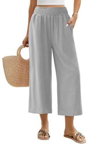 UMIPUBO Pantalon Lin Femme Été Coton Chanvre 3/4 Large Pantalons Fluide Elegant Chic Taille Haute Élastique Pantacourt Léger Respirant Jogging Pants de Plage avec Poches (Gris, XL)
