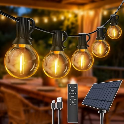 Hopexy Guirlande lumineuse solaire d'extérieur 20 m avec 30 + 2 ampoules LED, G40, résistant aux intempéries, pour jardin, balcon, télécommande, 3 modes d'éclairage,fonction minuterie, étanchéité IP65