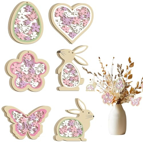 24 pezzi Ornamenti Pasquali Legno Ciondoli Pasquali, Decorazioni di Pasqua in legno, ciondoli da appendere primavera rosa con conigli uova farfalle fiori ornamenti pasquali per casa feste finestre