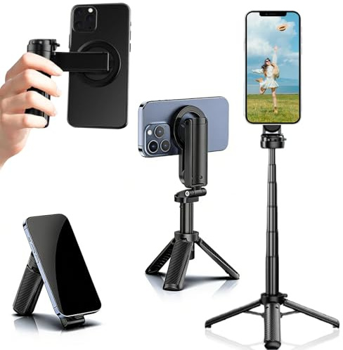 Treppiede Magnetico 4 in 1 Mini Supporto Portatile Tascabile per Telefono con Rotazione 360° Maniglia Pieghevole Treppiedi per Cellulare Magnetico per Vlog Foto Video iPhone/Android