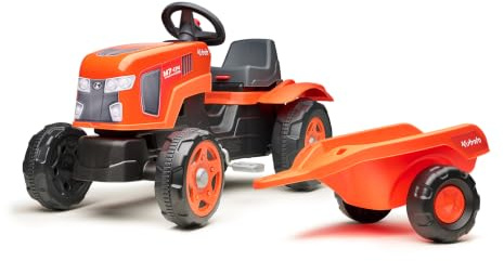 Falk Tracteur à pédales Kubota Enfant avec remorque, dès 2 Ans | Capot ouvrant et assise réglable
