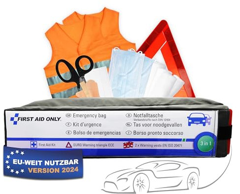 First Aid Only Kfz Set Verbandtasche DIN 13164 mit Warndreieck und 2 x Warnweste | Auto Erste Hilfe Set für HU & TÜV | Verbandskasten für Auto und Motorrad | P-10021