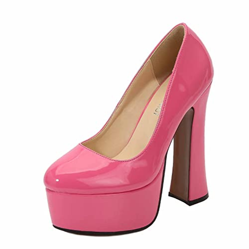 Tacchi Alti da Donna, 14 CM Tacco Spesso Donna Slip on Décolleté A Spillo Scarpe con Punta Chiusa Scarpe con Plateau E Tacco Alto Taglie Forti Unisex,Rosa,46 EU