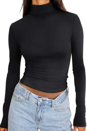 Trendy Queen Women's Turtleneck Long Sleeve Shirts Basic Underwear Tops Winter Clothes 2026 Black M