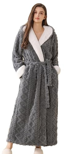 LOCIIXAT Women Sherpa Lined Fluffy Fleece Dressing Gown Long Cosy Hooded Bathrobe Wrap Lounging Housecoat, Grey 14-18 UK