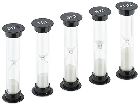 Relaxdays Sanduhren Set, 5-teilig, Kurzzeituhr, 30 Sek, 1/3/ 5/10 Min, H x D: 9 x 2,5 cm, Sand, Kinder, schwarz/weiß