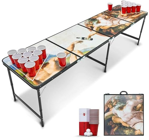 RedCupShop® Beer Pong Tisch „Schaffung des Bieres“ inkl. 50 Becher & 8 Bälle | Klappbarer & tragbarer Bierpongtisch | Turniergröße 240x60x70 cm | Wasserabweisend, Kratzfest & sofort spielbereit