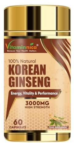 Vitaminnica Korean Ginseng High Strength (Eqv. 3000mg) Energy, Focus, Immune Support & Vitality - Natural Adaptogen for Stress Relief | 60 Veg Capsules