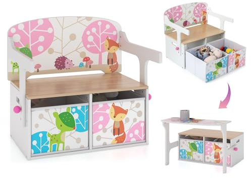 GYMAX Panchina Attività Convertibile per Bambini, Panca Giocattolo 3 in 1 con Braccioli Incorporati e 2 Cestini in Tessuto Rimovibili, Tavolo-Panca per Sale Giochi (Bianco e Naturale)