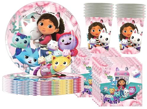 Set di stoviglie per feste di compleanno per bambini, con 10 piatti, 10 bicchieri e 20 tovaglioli, motivo DoIIhouse