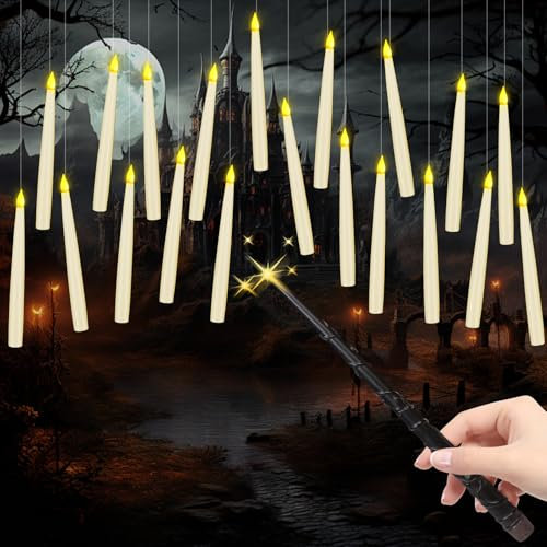 S-Union 20PCS Flameless Floating LED Taper Candles with Magic Wand Remote, Flickering Warm Light, Battery Operated, Perfect for Halloween, Christmas, Wedding, Birthday Parties
