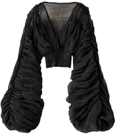 Women's Lace Tops Puff Long Sleeve V-Neck Casual Blouses Shirts Sexy Ruffle Long Sleeve Summer Lace Tops 2024 Puff Flare Shirt Hollow Out Button Down Tunic Blouses Fashion Chiffon Top, O Black, One