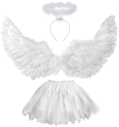 Sunshine Smile Costume da Angelo Bianco da Donna - Set 3 Pezzi Con Ali 80-130 cm, Gonna in Tulle, Tutu per Adulti e Bambini