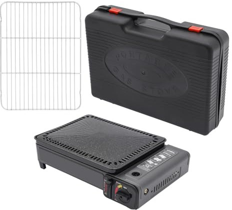 ACROSSPART Barbacoa de gas portátil para camping, barbacoa de gas pequeña con red de barbacoa y maletín, barbacoa de mesa de gas con protección contra sobrepresión y dispositivo de encendido