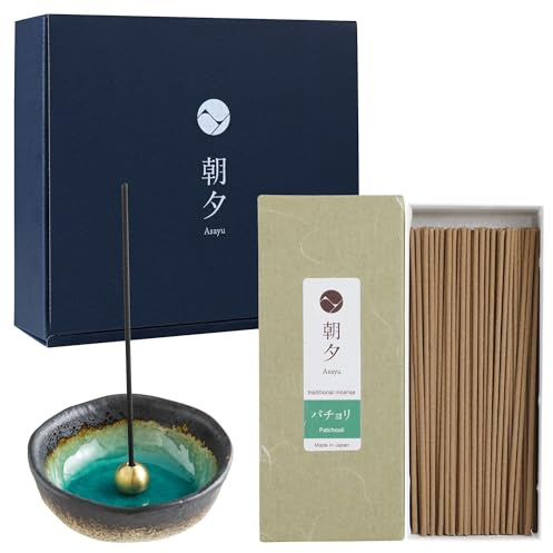 Asayu Japan rökelsestavar, presentset med rökelsehållare och mässingsstativ – mini-akvamarin rökelsehållare + Patchouli
