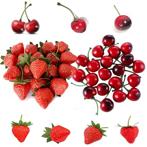 JINJUMEI 40 Pièces Fruit Artificiel Décoratif, Fraises Fruits en Plastique, Cerise Artificielle, Artificiel Simulation Strawberries Fraise pour Maison de Fête Décoration Accessoires de Photographie