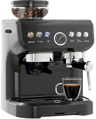 HOMCOM Machine à expresso machine à café à grains 1600W avec moulin à grains, buse vapeur, pompe italienne 15 bars, 1 ou 2 tasses, réservoir d'eau 2 L, cafetière espresso en acier inoxydable, noir