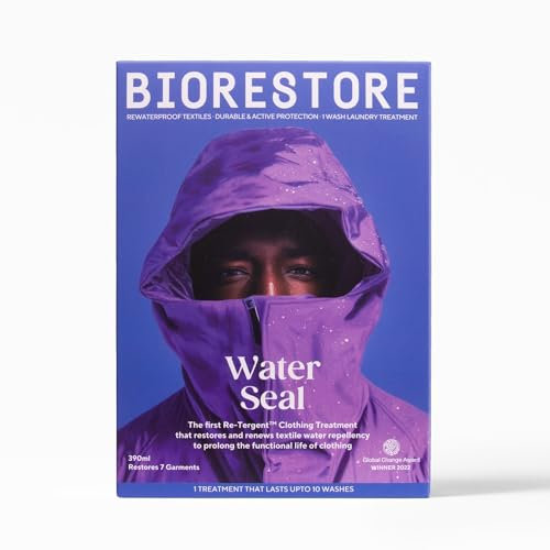 BIORESTORE Water Seal | Ri-Tergent idrorepellente senza PFAS | Aggiungi una protezione durevole a indumenti impermeabili, attrezzature da esterno e tessuti tecnici | Set di 3 bustine doppie | 390 ml |