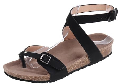 Sandales Gladiateur à Bride arrière et Bout Ouvert pour Femme, Semelle intérieure en liège et Daim, avec Clip pour corriger l'oignon et Boucle réglable.(Black,42 EU)