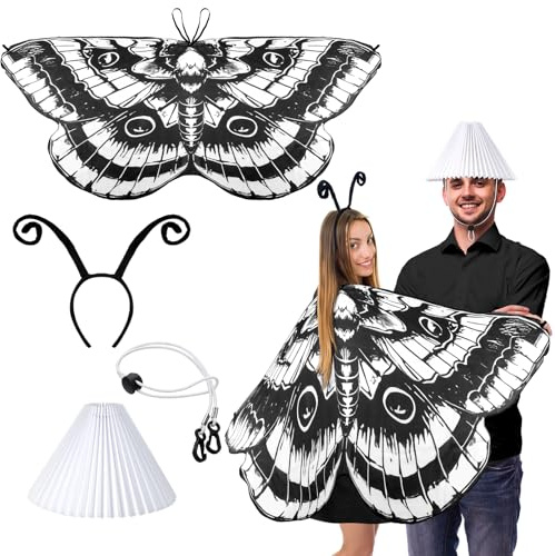 Cotwinter Halloween Moth and Lamp Couple Costume Adult Butterfly Wing Cape with Headband Lampshade for Couple Cosplay Party, Black, White, Moth cape: approx. 67 x 29 inches/ 170 x 73 cm