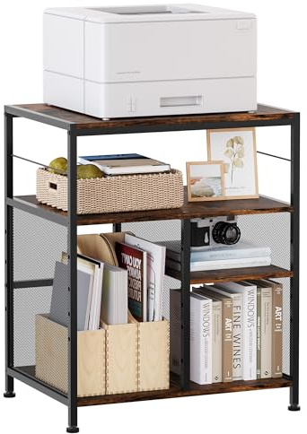 TQVAI Supporto per Stampante a 4 Ripiani (55,3x40x67,5CM), Legno Metallo Scaffale per Documenti Stoccaggio Stampante Multifunzione con Magazzino Porta, per Ufficio, Soggiorno, Cucina, Nero/Antico