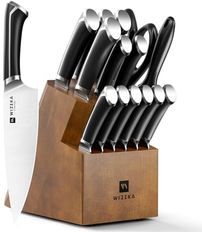 WIZEKA 15-Piece knife set, High Carbon Stainless Steel Kitchen Knife Set, Ultra Sharp Knife Block Set with Sharpener, Black, Crown Series