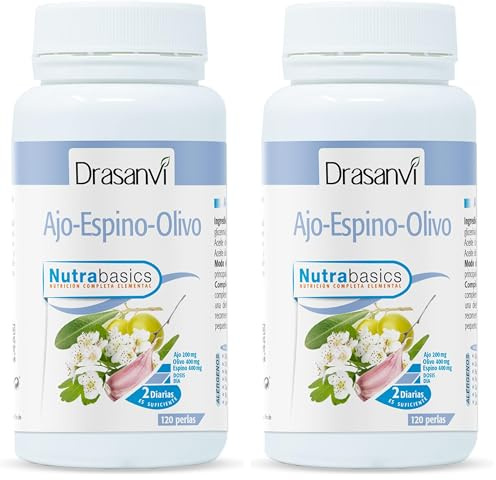 DRASANVI NUTRABASICS AJO-ESPINO-OLIVO - Ayuda al bienestar cardiovascular y a la tensión - SIN GLUTEN - 120 perlas (Paquete de 2)