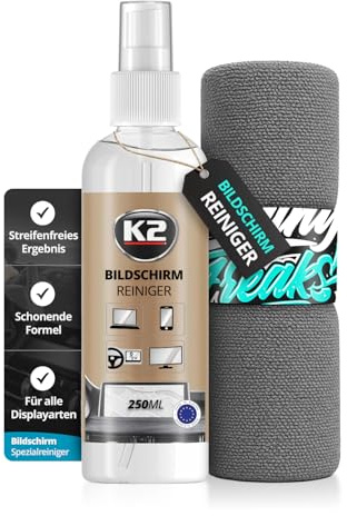 K2 Bildschirmreiniger Set (250ml) - LCD Display Cleaner | streifenfreier Display Reiniger + Mikrofasertuch für Navi, Smartphone, iPad und LCD-LED-OLED-Fernseher gegen Fettflecken und Fingerabdrücke