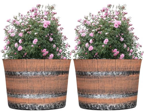 SG Traders Round Plastic Whisky Barrel Garden Pot Flower Pots Planter Tub Patio Pot Outdoor Traditional Barrel Brown with Silver Bands Garden Plant Pot Outdoors with Drainage Holes (Pack of 2)