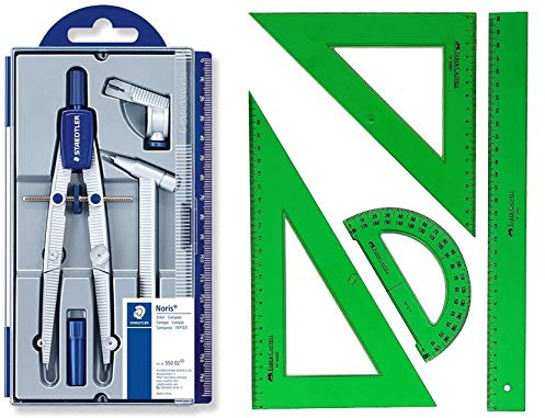 Compás Escolar de Precisión Staedtler 550 (Reemplazo)+ Conjunto con: Escuadra, Cartabón, Regla y Semicírculo, Color Verde (02)