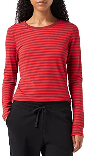 Amazon Essentials Camiseta de Cuello Redondo y Manga Larga de Corte Estándar (Disponible en Tallas Grandes) Mujer, Burdeos Rojo Rayas, M