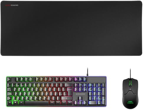 Mars Gaming MCPX, Combo Gaming 3en1 con Teclado H-Mech Iluminado, Ratón Ultraligero 10000 dpi con Software y Alfombrilla XXL, Compatible con PC, PS4, PS5, Xbox, Idioma Español, Negro