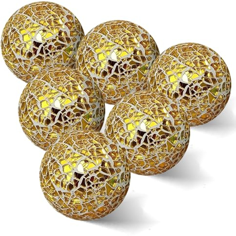 v2croft 2.4 in Decorative Orbs Glass Balls Set of 6,Mosaic Sphere Globe for Whole Housewares,Wedding/Birthday,Bowls,Vases Dining Table Centerpieces (Gold)