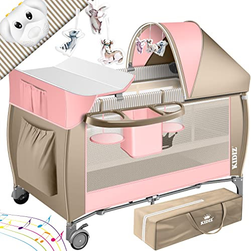 Kidiz® Babybett 3 in 1 Reisebett Kombi Set Baby Bett mit Wickelauflage Moskitonetz Laufstall Baby ab Geburt bis 15 kg luftige Seitenwände mit Seiteneingang Tragetasche zusammenklappbar, Rosa/Beige