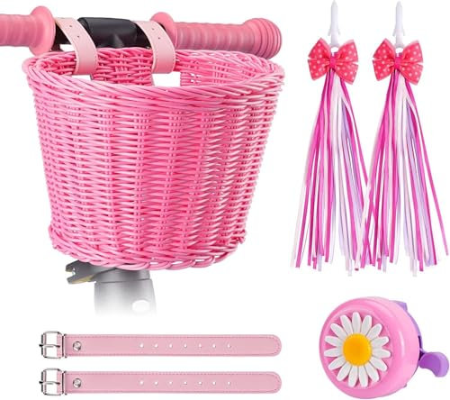 Kids Bike Basket Set, Girl Bike Basket Pink Handwoven, Children Cycling Baskets with Leather Straps, Bicycle Accessories, Bowknot Streamers and Bell Easy Install Detachable