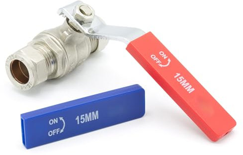 15mm Lever Isolation Valve ISO Compression Fitting Full Bore Water Shut Off with Dual Blue Red Handle Cover WRAS Approved Stop Tap Plumbing Fittings Hot Cold Water Heating