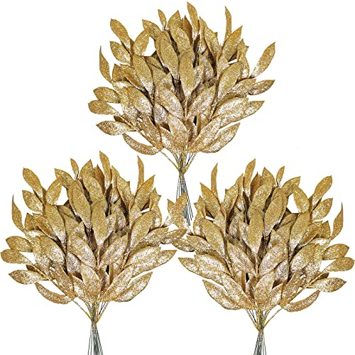 40 Pieces Gold Glittered Artificial Leaf Spray Picks 12 Tall for Christmas Winter Wedding Wreath Tree Swag Floral Arrangment Vase Bouquets Table Centerpieces Decoration