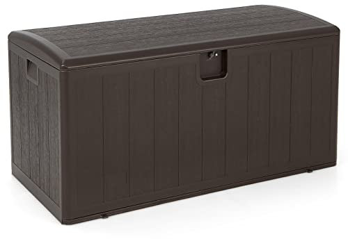 COSTWAY 400L/454L/490L Garden Storage Box, Weather Resistant Deck Box with Handles & Lockable Lid, Patio Furniture Storage Chest Cushion Cabinet for Tool Pool Supplies (Brown, 400L)