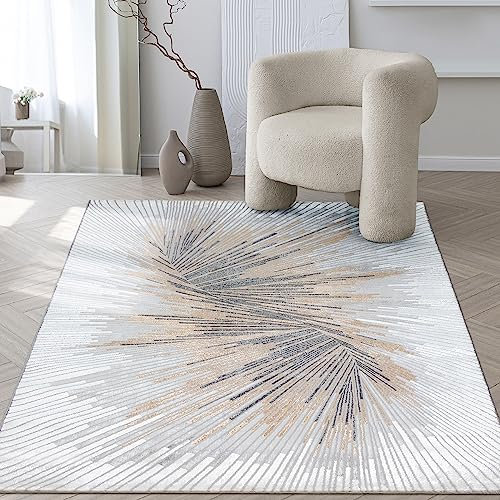the carpet Mila - moderner Kurzflor Teppich, Wohnzimmer, Schlafzimmer, Eleganter Glanz, Glanzfaser, Hoch-Tief Effekt, Grau Creme, 200 x 290 cm