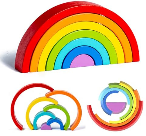 Kiuiom Regenbogen Holz Spielzeug Bausteine,Holz Regenbogen Baby Pastell,Holz Montessori Regenbogen,Holzregenbogen Stapel,Vorschule Stapeln Spielzeug,Holzs Stapelturm,Baby Lernen Spielzeug,Rot
