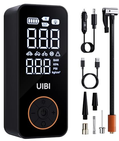 UIBI 7800mah Compresor Aire Portatil, 150PSI inflador ruedas coche, mini compresor de aire Neumáticos para Coche con Manómetro, Bomba de Neumáticos Inalámbrica, Bicicleta, Moto, Bolas, Luz LED, A6