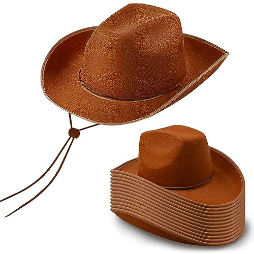TESIN 12 Pack Cowboy Hats Western Cowboy Hat with Adjustable Drawstring,Plain Cowgirl Hat for Wedding Stage Performance(Brown)