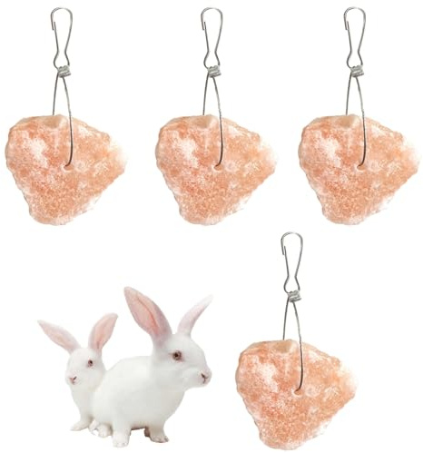 PINVNBY Blocchi di sale per conigli, 4 pezzi di piccoli animali dell'Himalaya leccare blocchi di sale minerale naturale con gancio per appendere piccoli animali giocattoli da masticare per cavalli e