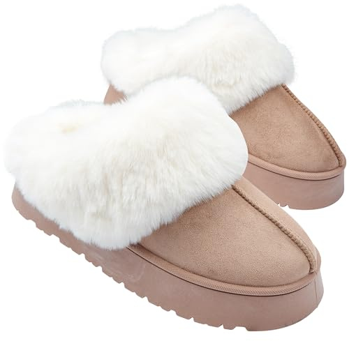 CityComfort Sherpa Lined Slippers for Women Teenagers, Fluffy Slip-On House Shoes with Non Slip Sole - Gifts for Her (Beige, 4 UK)